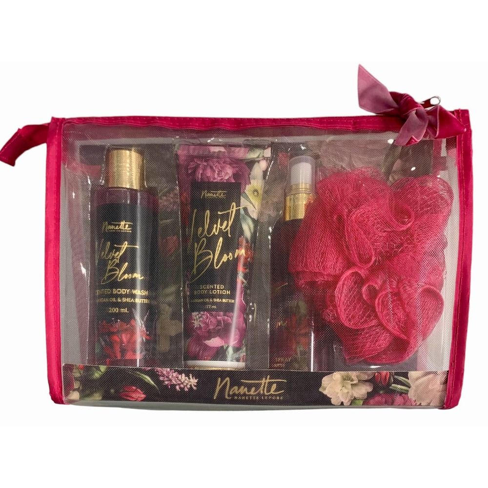 Nanette Lepore Velvet Bloom Bath collection: Body Spray, Lotion Body wash & Pouf - Picture 1 of 6